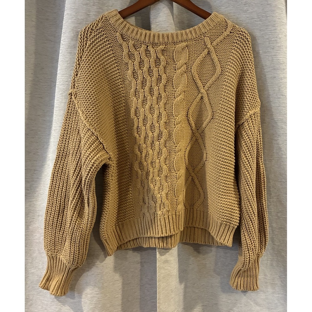 Free People Dream Cable Knit Pullover Sweater Crewneck Oversized Beige Small